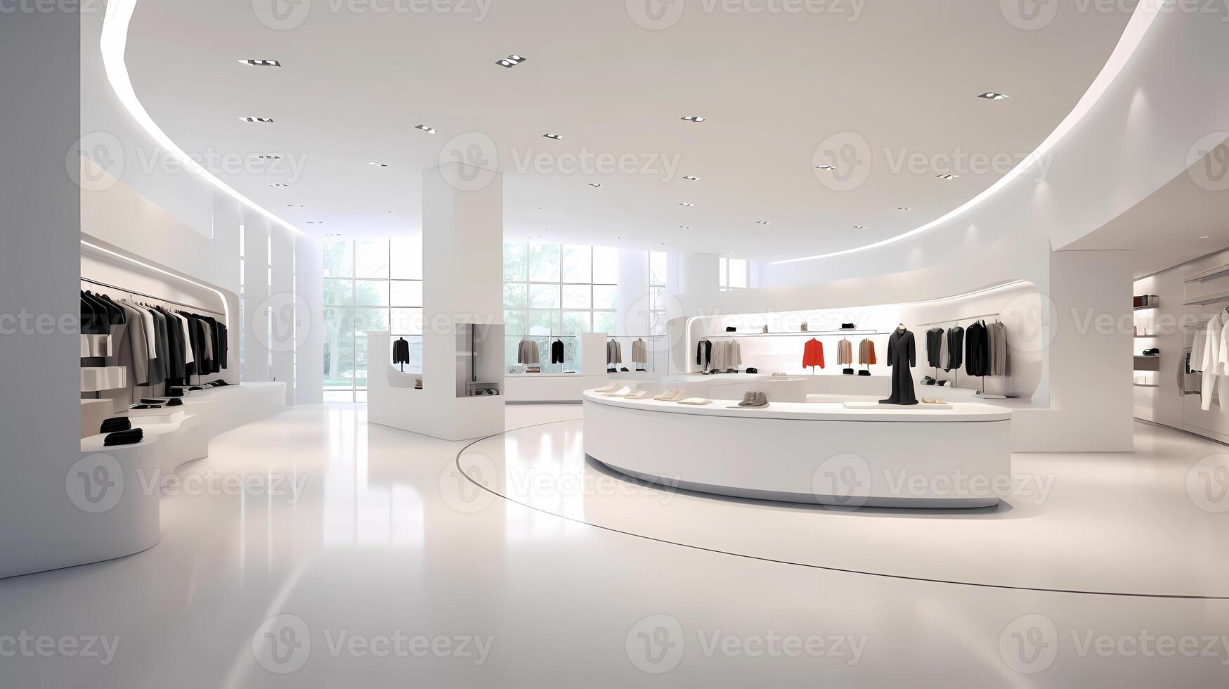 AI Generative Contemporary Retail Store. Clean and inviting retail environment with a white geometrically textured 3D feature wall photo