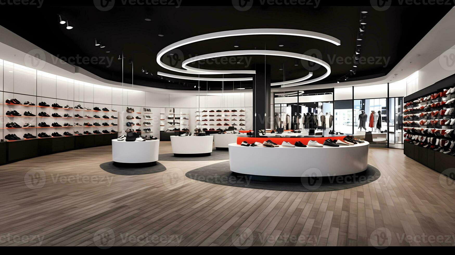 AI Generative Contemporary Retail Store. Clean and inviting retail environment with a white geometrically textured 3D feature wall photo