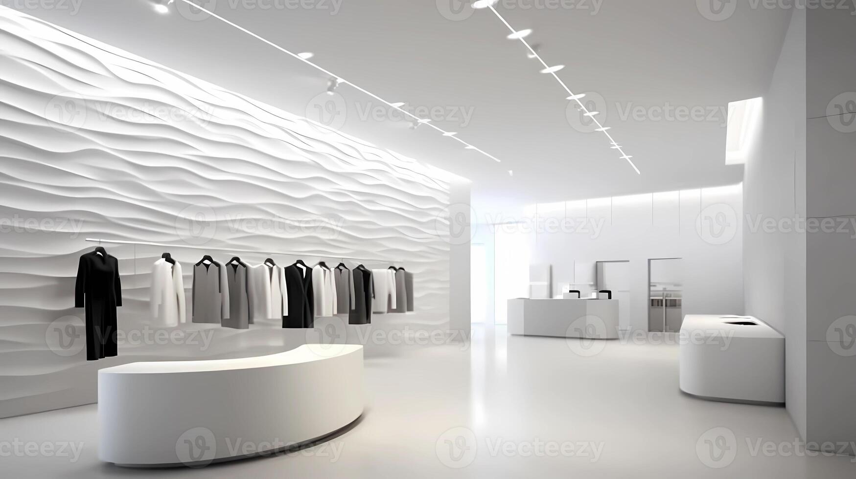 AI Generative Contemporary Retail Store. Clean and inviting retail environment with a white geometrically textured 3D feature wall photo