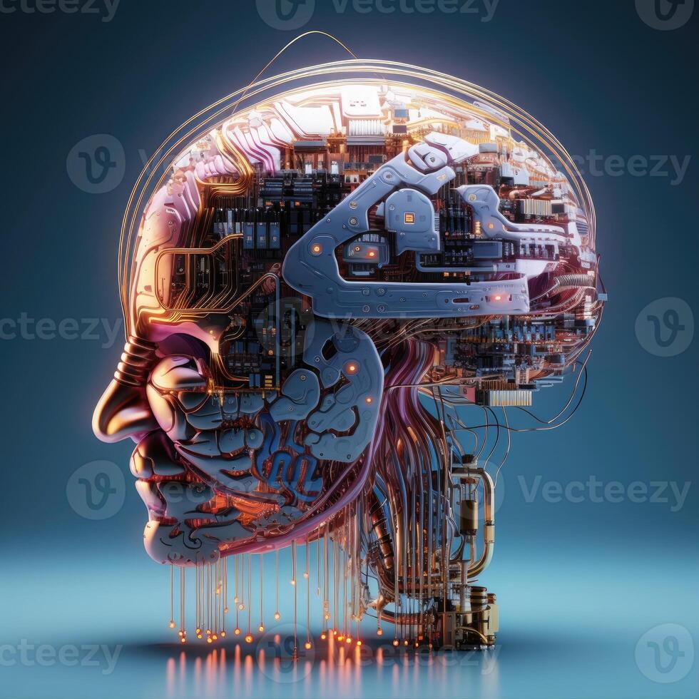 Stylish handsome cyborg head in profile, Futuristic man, artificial intelligence technology photo
