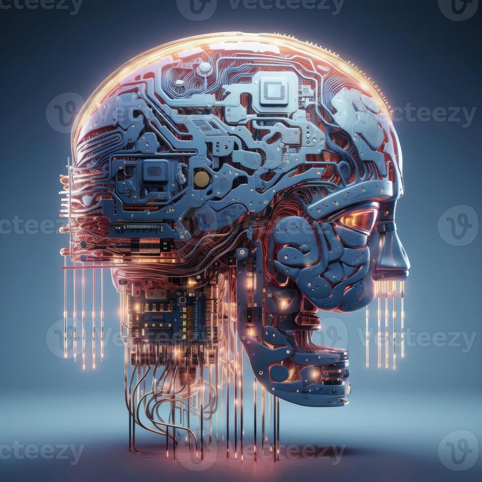 Stylish handsome cyborg head in profile, Futuristic man, artificial intelligence technology photo