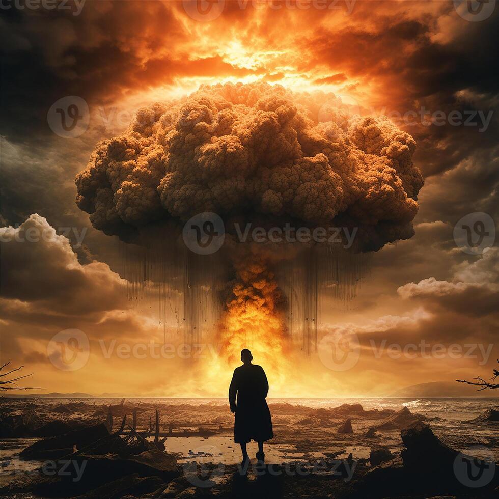 Nuclear Bomb Explosion Mushroom Cloud Illustration Generative AI technology. photo