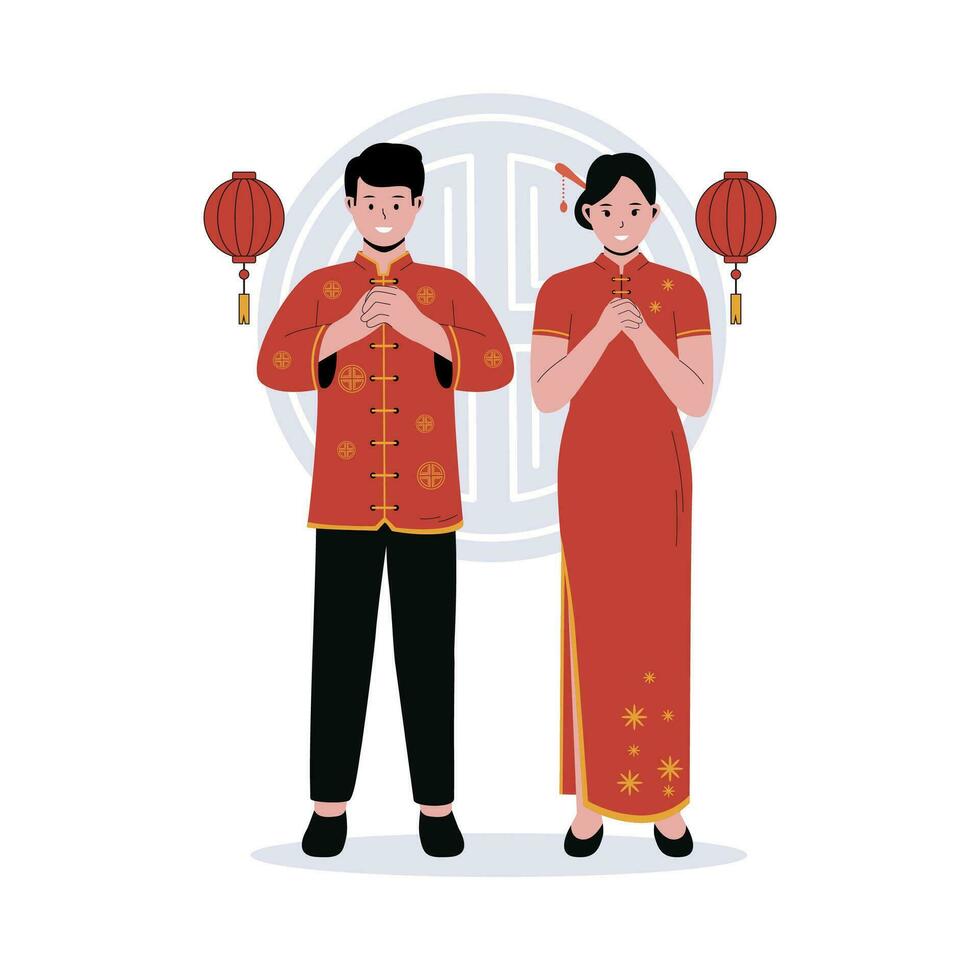 Chinese man and woman in traditional Cheongsam dress vector