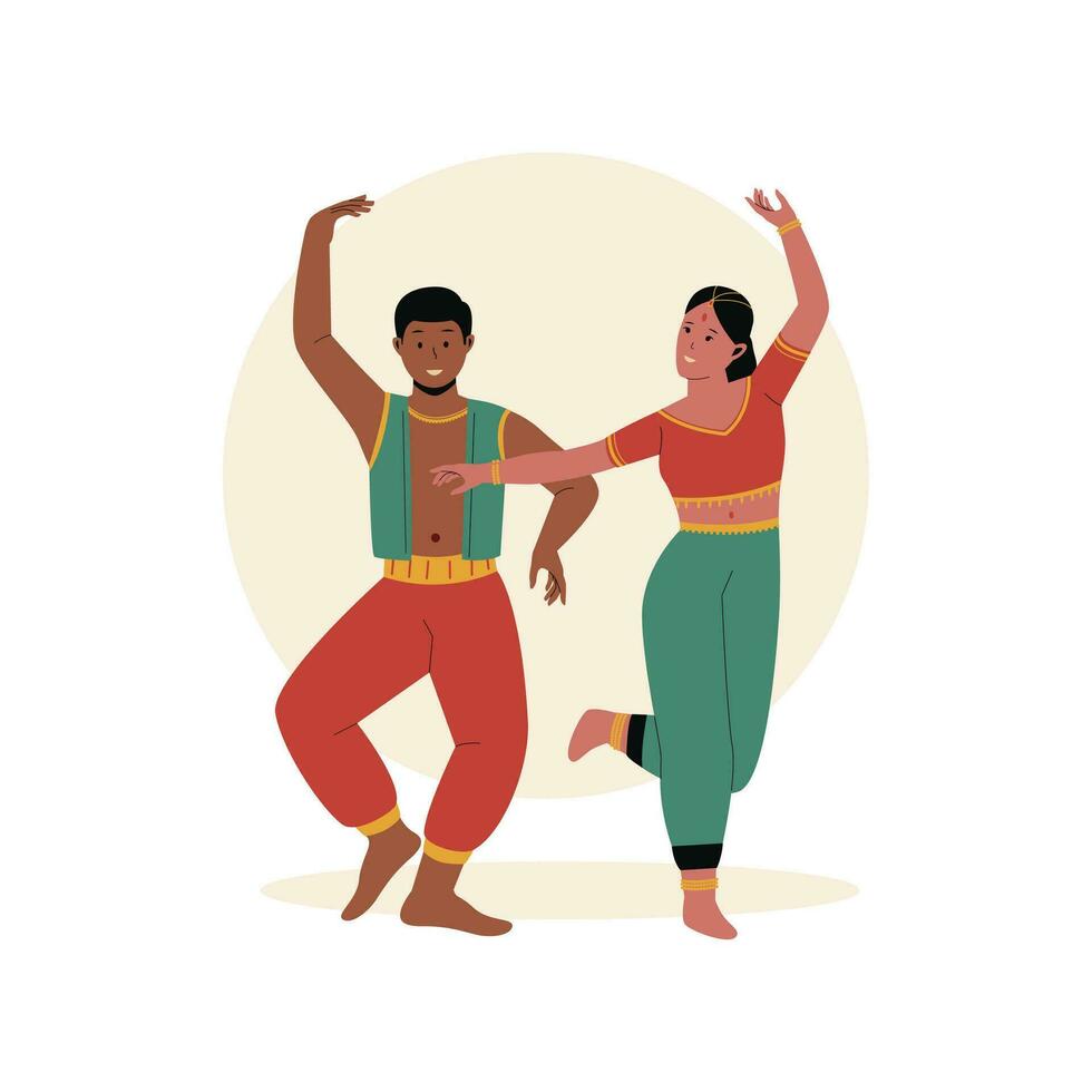 Indian couple performing traditional dance illustration set vector