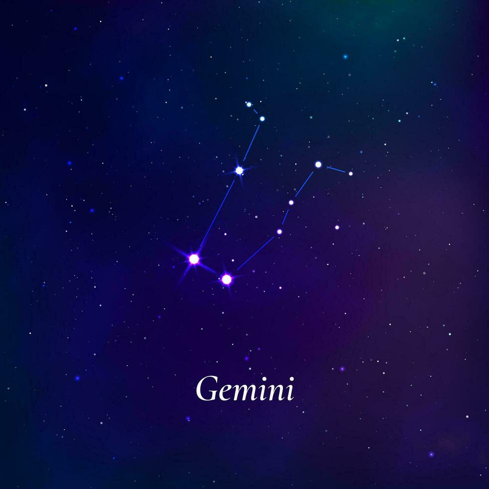 Geminis signo. estrellas mapa de zodíaco constelación en oscuro azul antecedentes. vector