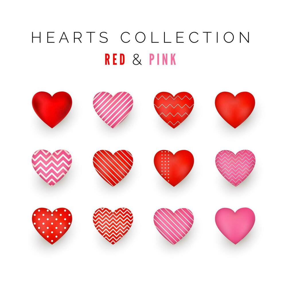 conjunto de rojo y rosado decorativo corazones con sombra. resumen decoración elemento. estilizado corazones colección para saludo tarjeta o otro plantillas. vector ilustración