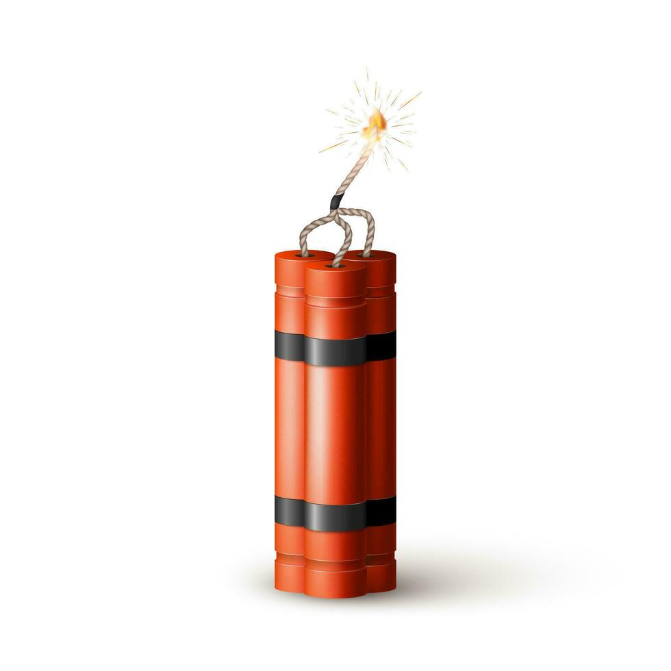 Red Dynamite Bomb with Burning Wick. Military Detonate Weapon. Vector