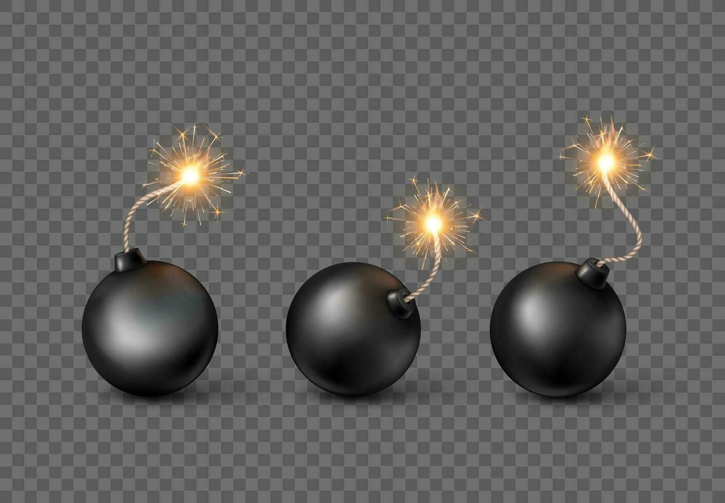 Set of Bombs. Burning fuse black bomb in realistic style. Vector illustration