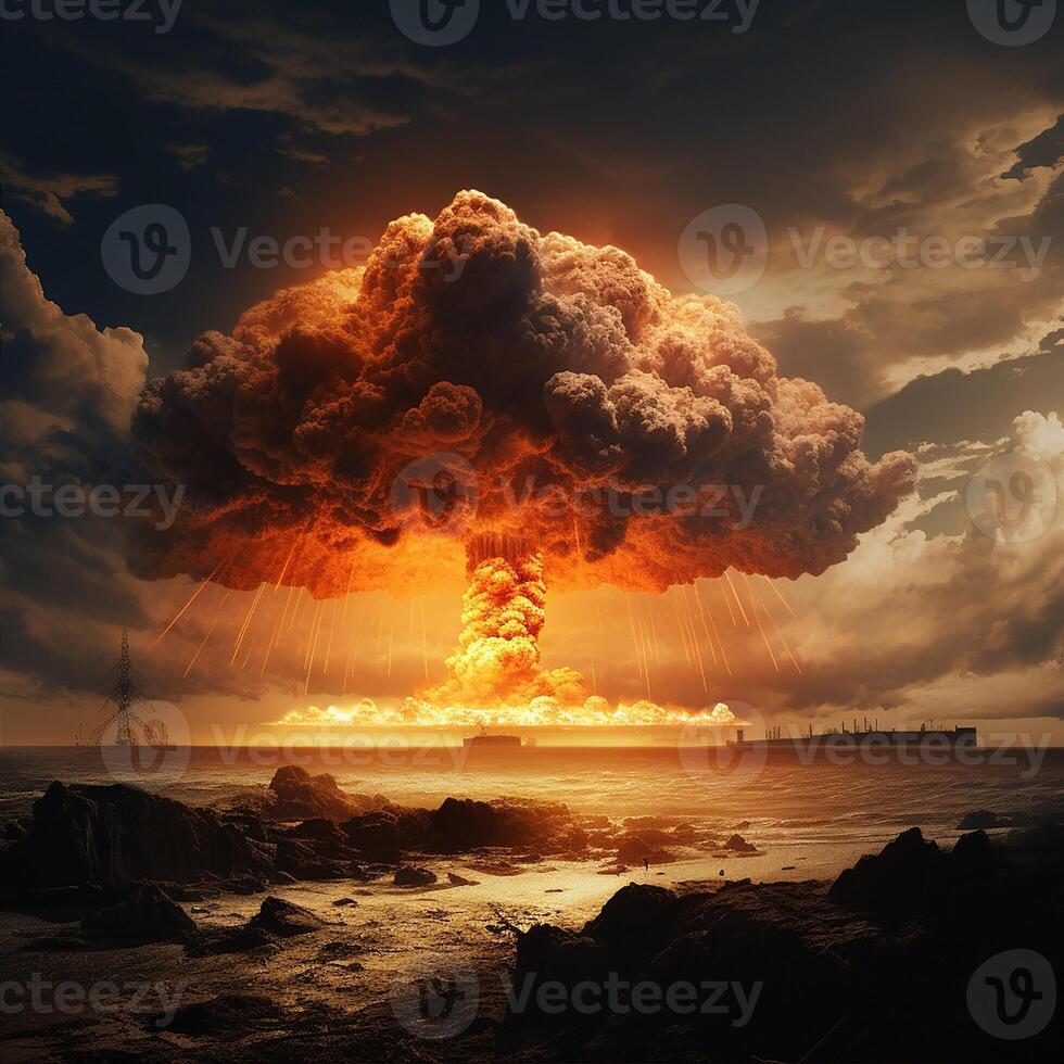 Nuclear Bomb Explosion Mushroom Cloud Illustration Generative AI technology. photo