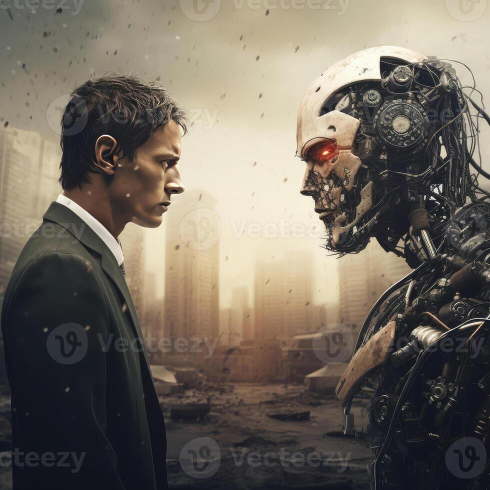 The face of a businesswoman and a robot opposite each other look into the eyes. Modern technologies, robot versus human, artificial intelligence, neural networks. Generative AI technology. photo