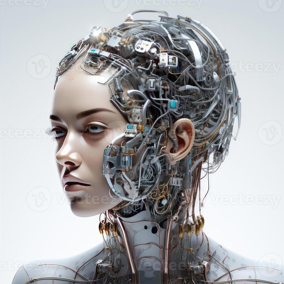 Stylish handsome cyborg head in profile, Futuristic man, artificial intelligence technology technology photo