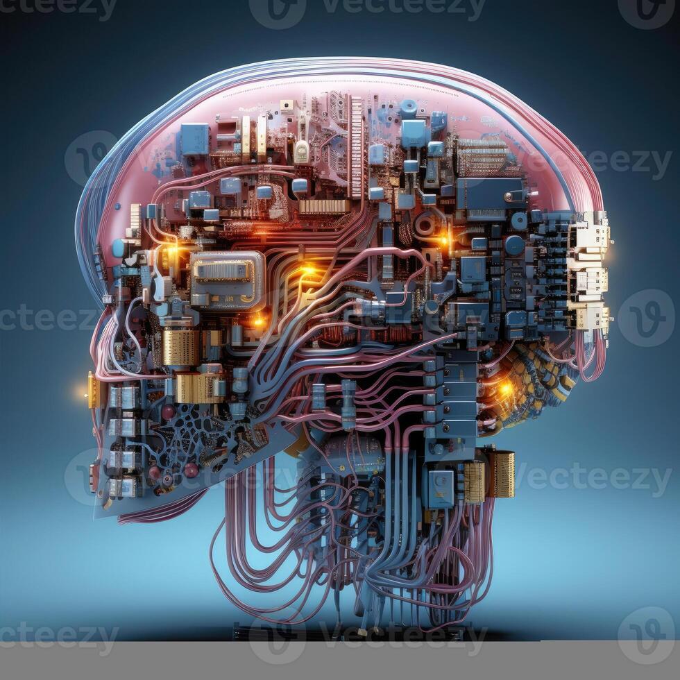 Stylish handsome cyborg head in profile, Futuristic man, artificial intelligence technology photo