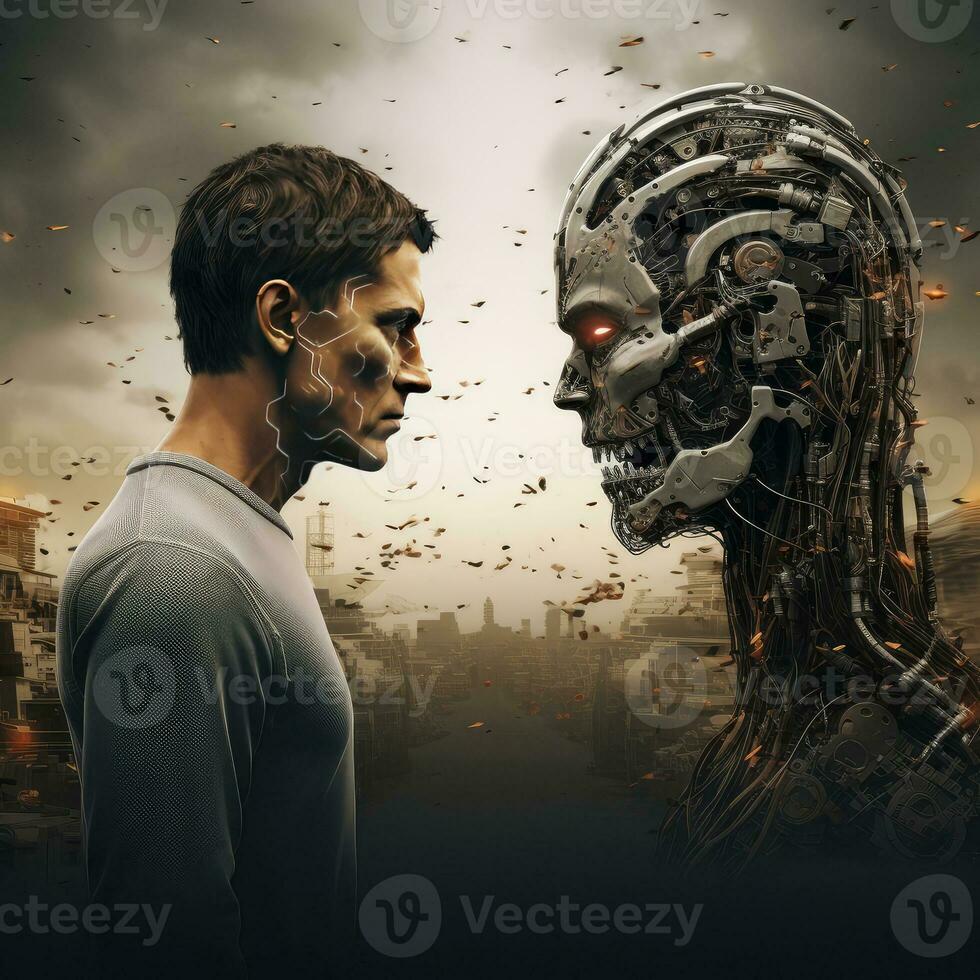 The face of a businesswoman and a robot opposite each other look into the eyes. Modern technologies, robot versus human, artificial intelligence, neural networks. Generative AI technology. photo