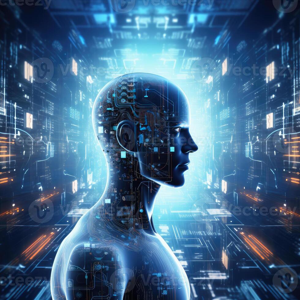 Stylish handsome cyborg head in profile, Futuristic man, artificial intelligence technology photo