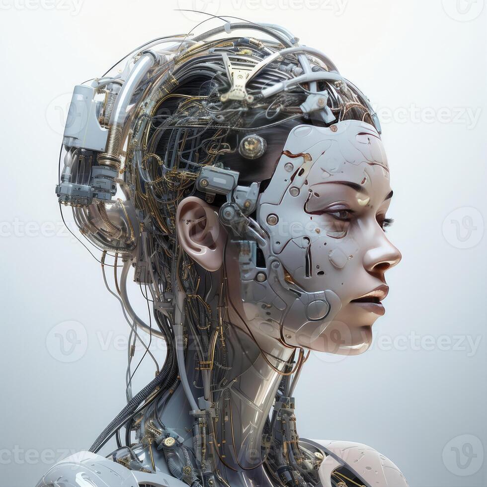 Stylish handsome cyborg head in profile, Futuristic man, artificial intelligence technology technology photo