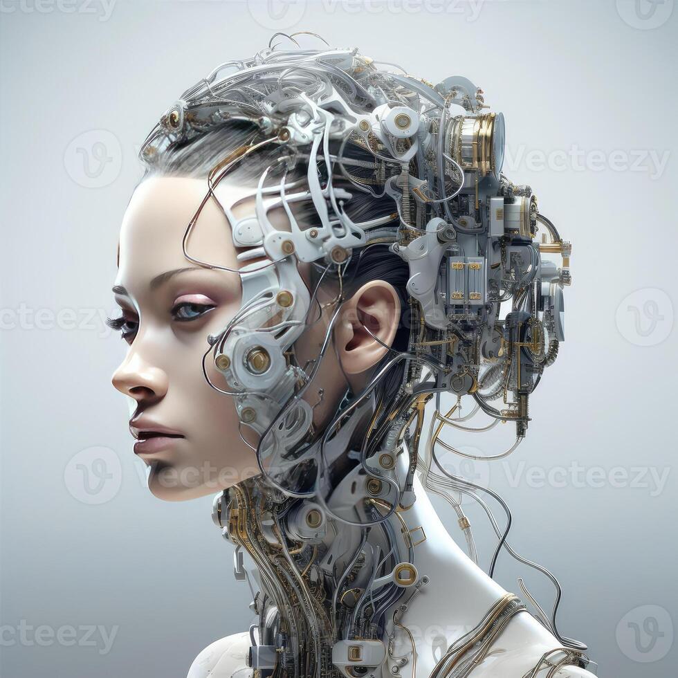 Stylish handsome cyborg head in profile, Futuristic man, artificial intelligence technology technology photo