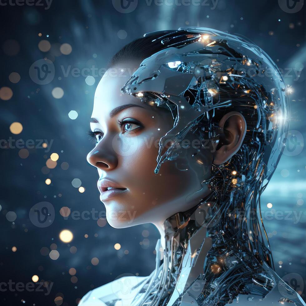 Stylish handsome cyborg head in profile, Futuristic man, artificial intelligence technology technology, photo