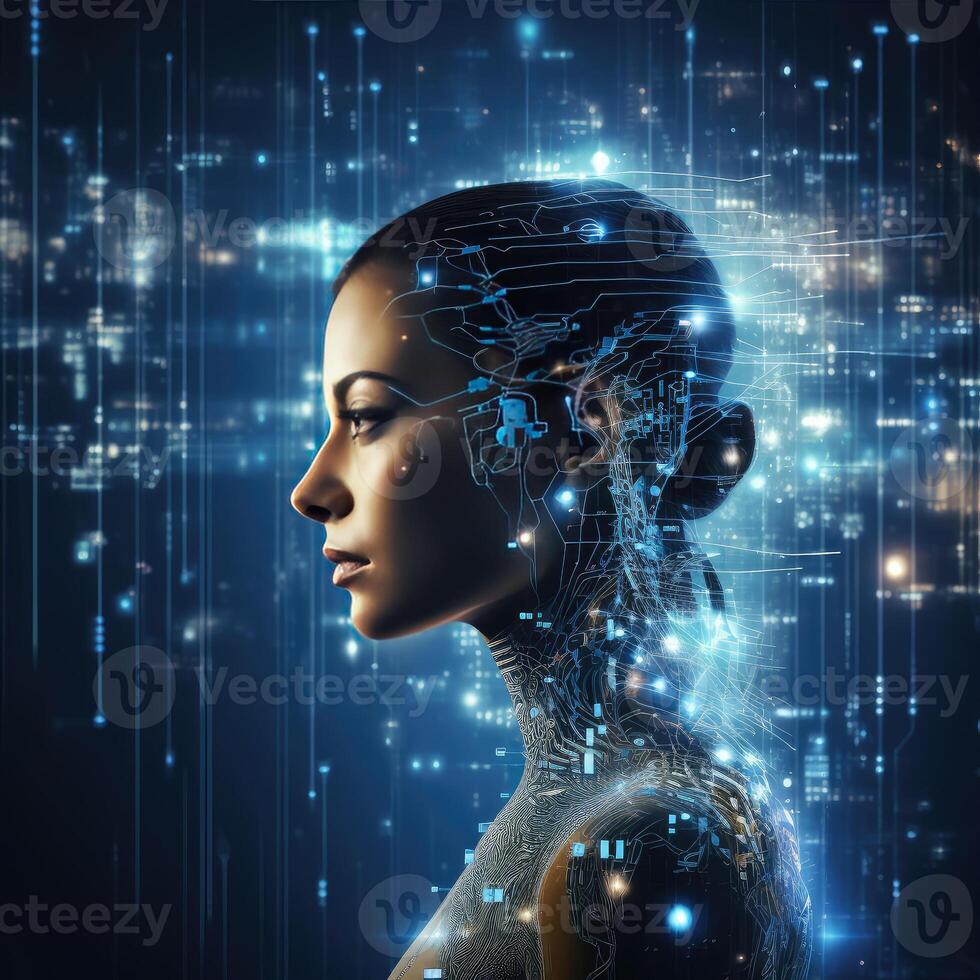 Stylish handsome cyborg head in profile, Futuristic man, artificial intelligence technology technology, photo