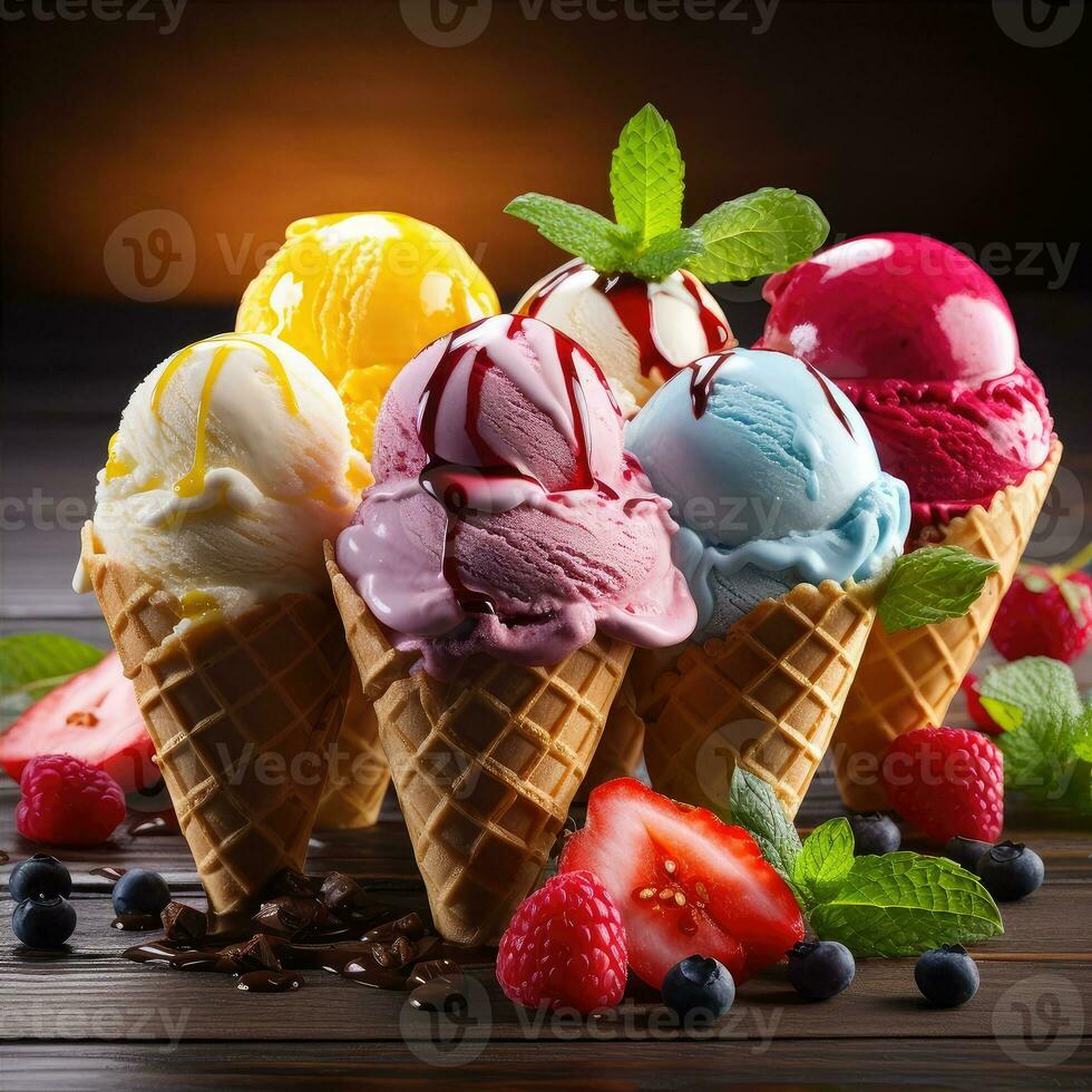 Asorted of ice cream scoops with cones in row on black background. Colorful set of ice cream scoops of different flavours. Sweet icecream like chocolate, lemon, lime, almond, strawberries, vanilla. photo