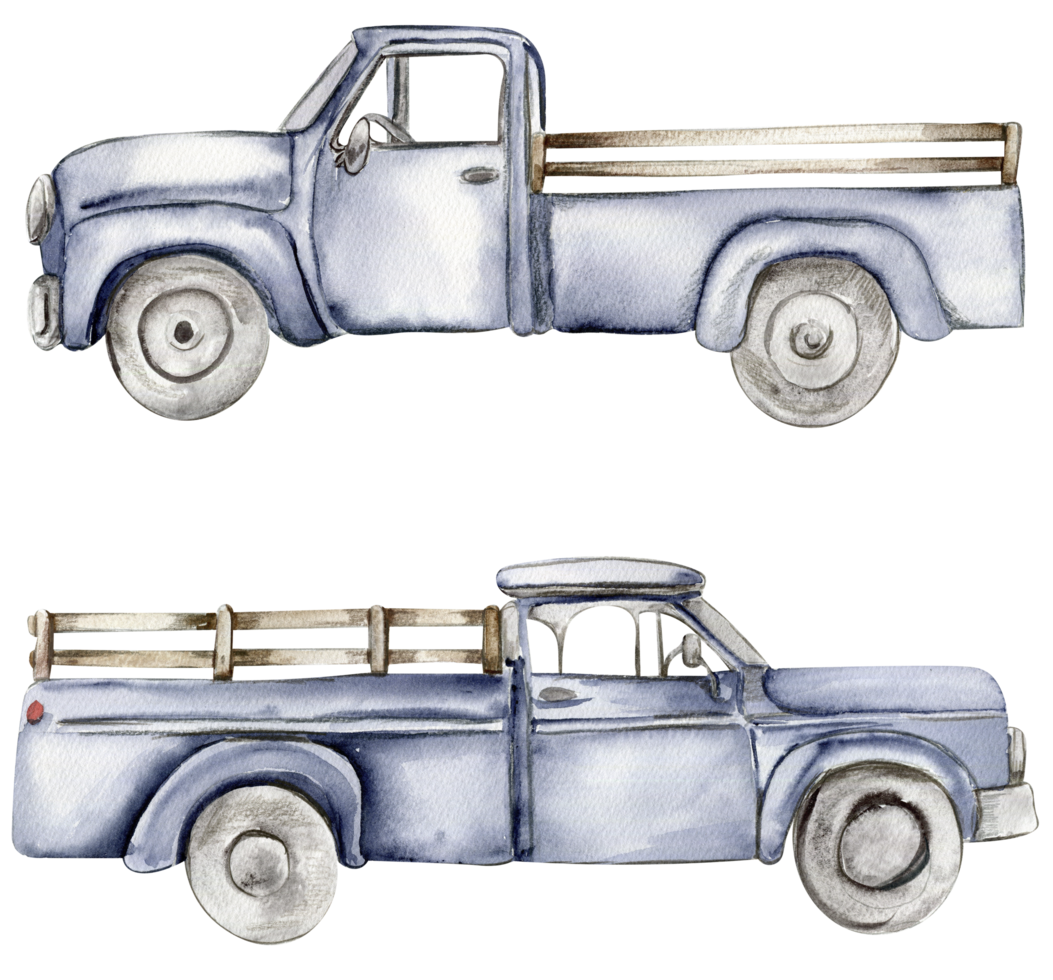 Vintage watercolor blue truck, hand drawn illustration of old retro car . png