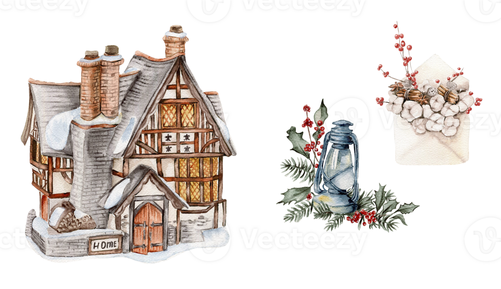 Watercolor winter house with a snow covered roof, lamp, envelop and cotton branches. png