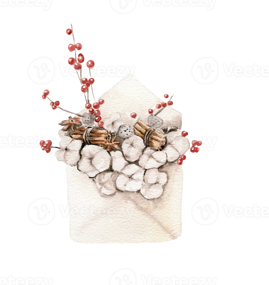 Envelope with cotton branches and red berries composition . png