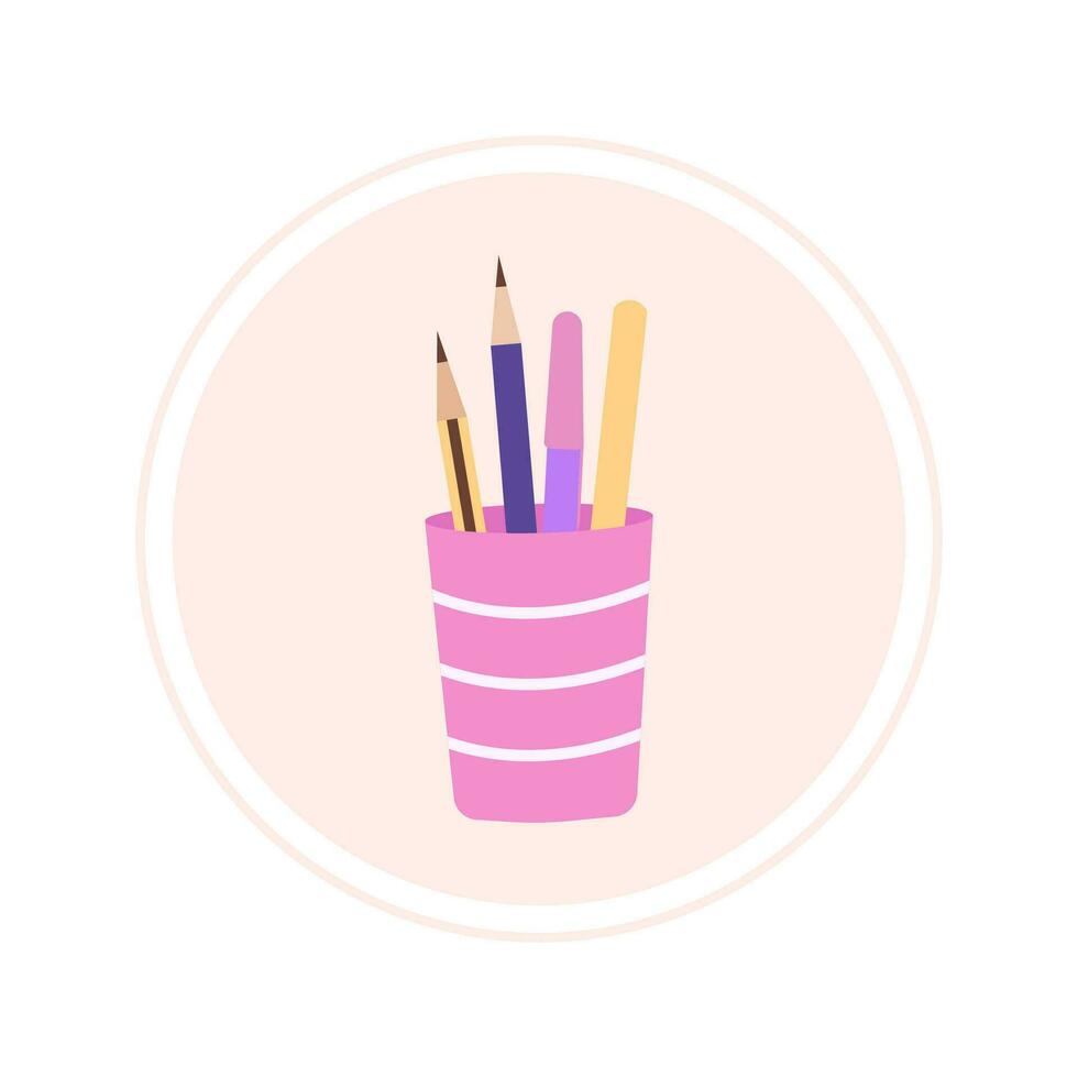 Flat color glass with pencils icon on round background vector