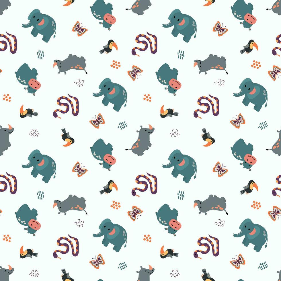 Seamless pattern with safari animals. Elephant, rhinoceros, zebra, panda, snake. Design for fabric, textile, wallpaper, packaging. vector