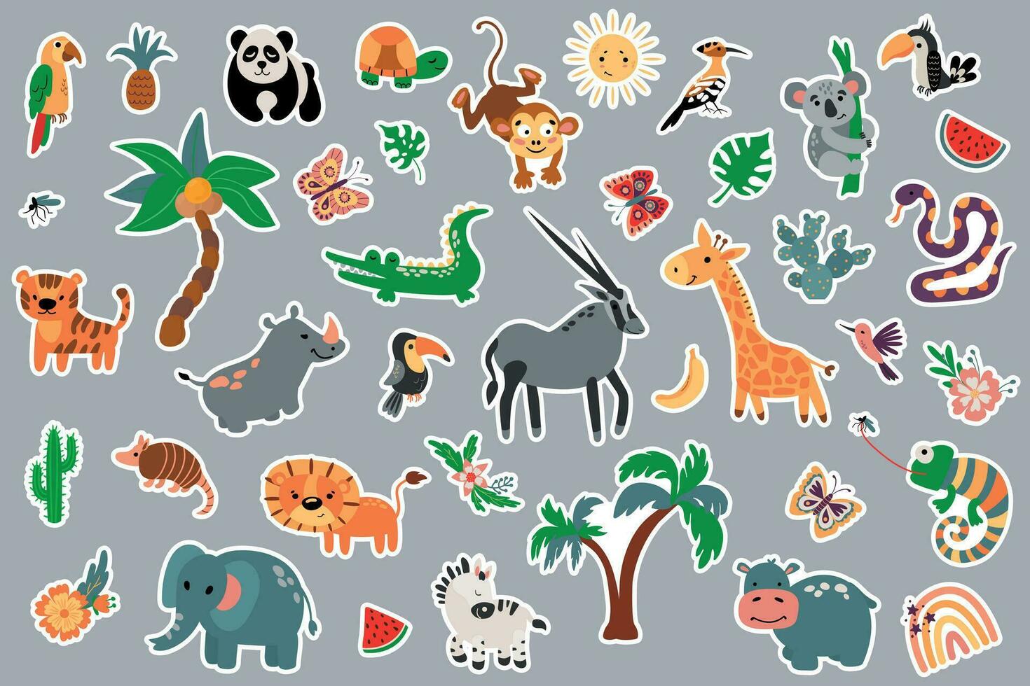 Safari animals sticker set. Drawn style. vector