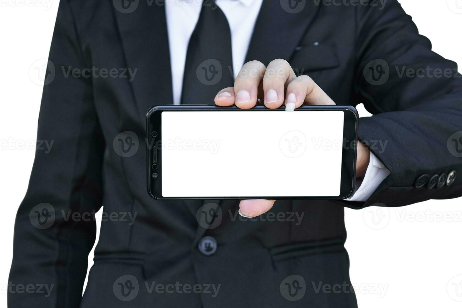 cerca arriba de empresario sostener blanco pantalla teléfono inteligente en mano, aislado en blanco antecedentes con recorte camino. foto