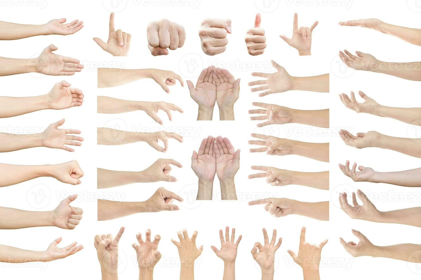 Collection of human hands in multiple gesture isolated on white background with clipping path. photo