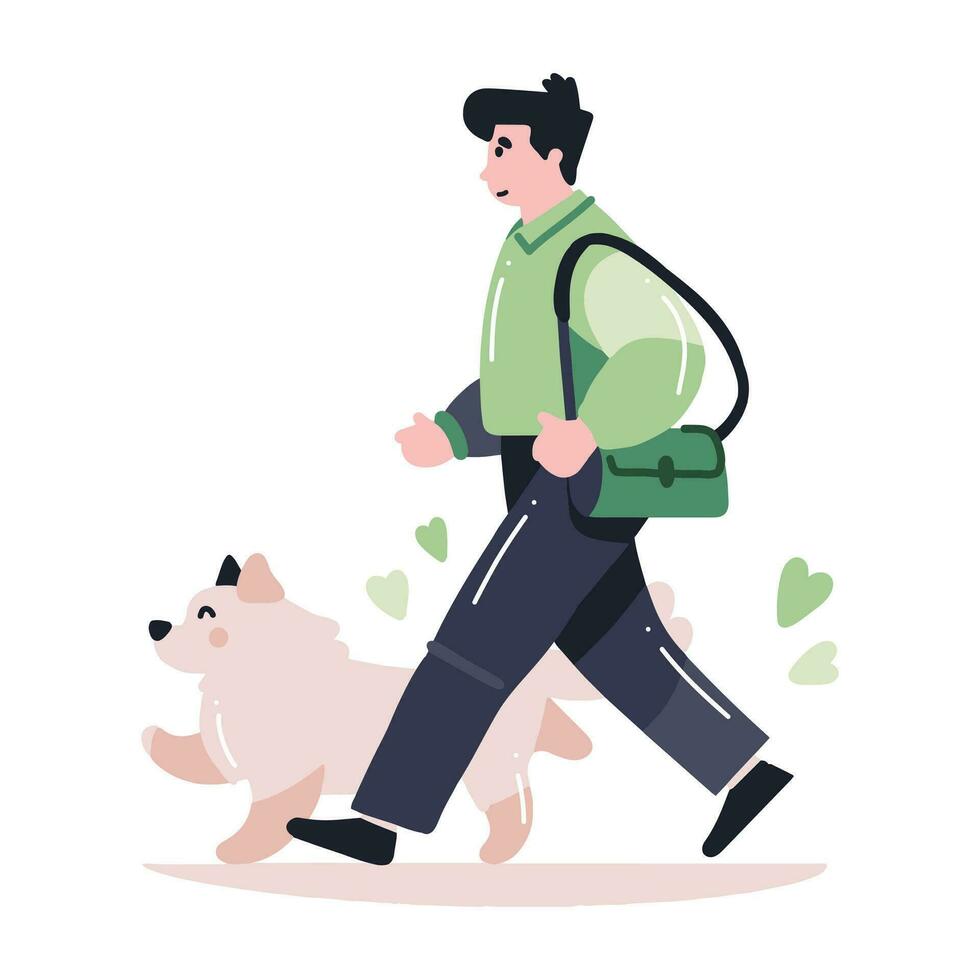 Hand Drawn young man with dog in flat style vector