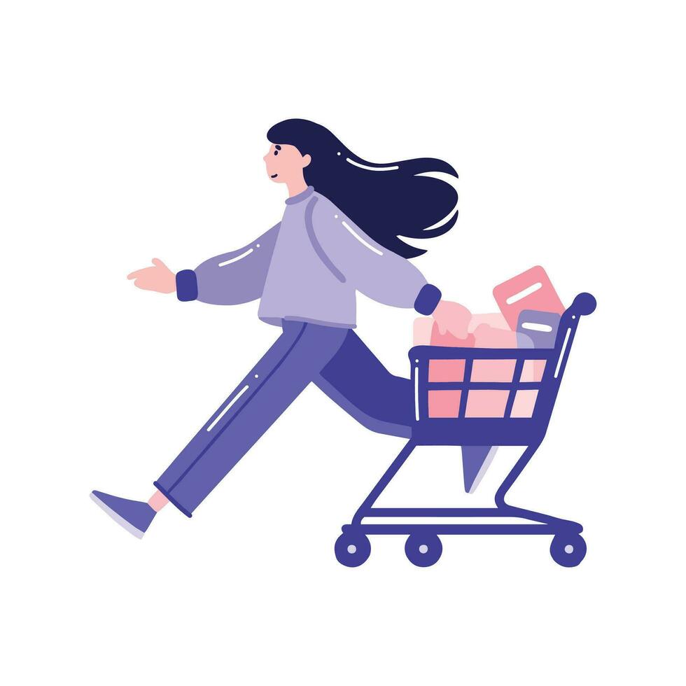 Hand Drawn woman with shopping cart in flat style vector