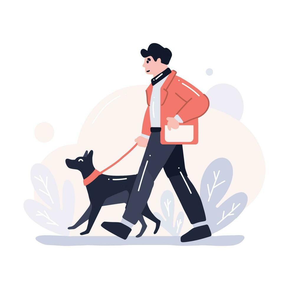 Hand Drawn young man with dog in flat style vector