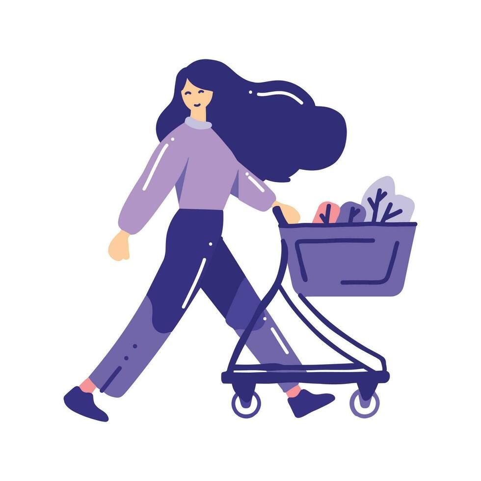 Hand Drawn woman with shopping cart in flat style vector