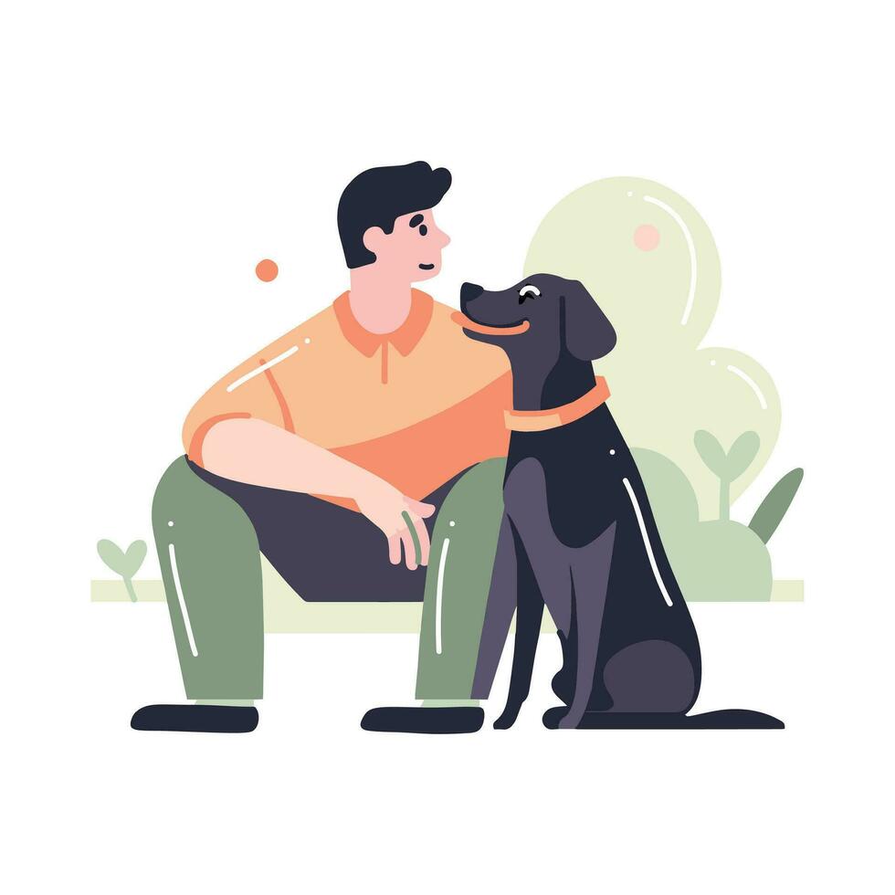 Hand Drawn young man with dog in flat style vector