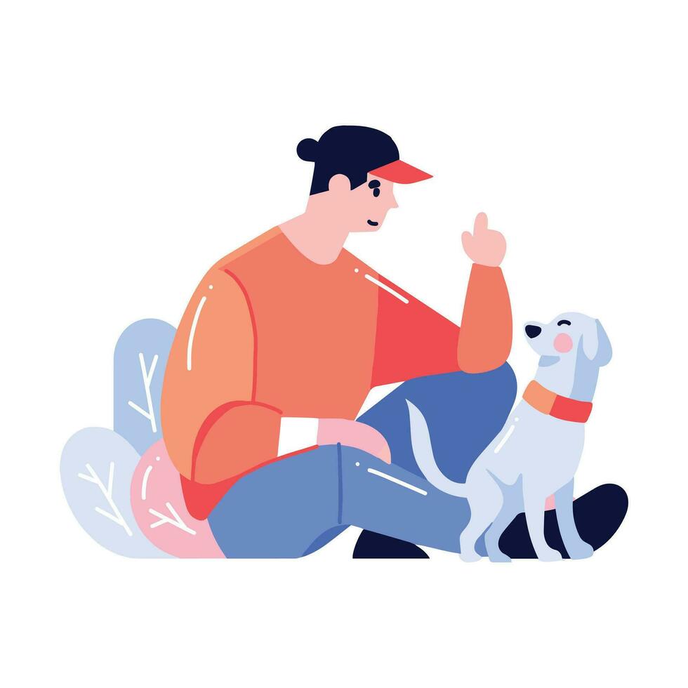 mano dibujado joven hombre con perro en plano estilo vector