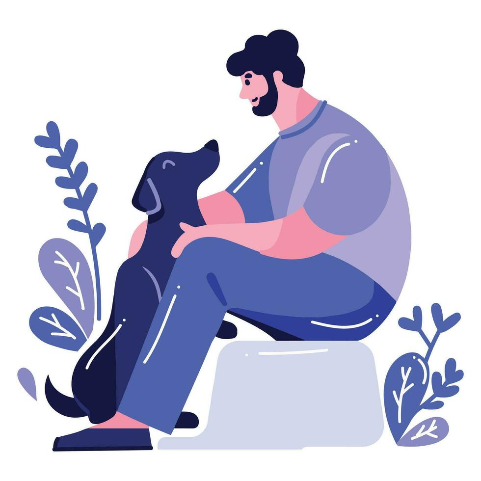 Hand Drawn young man with dog in flat style vector