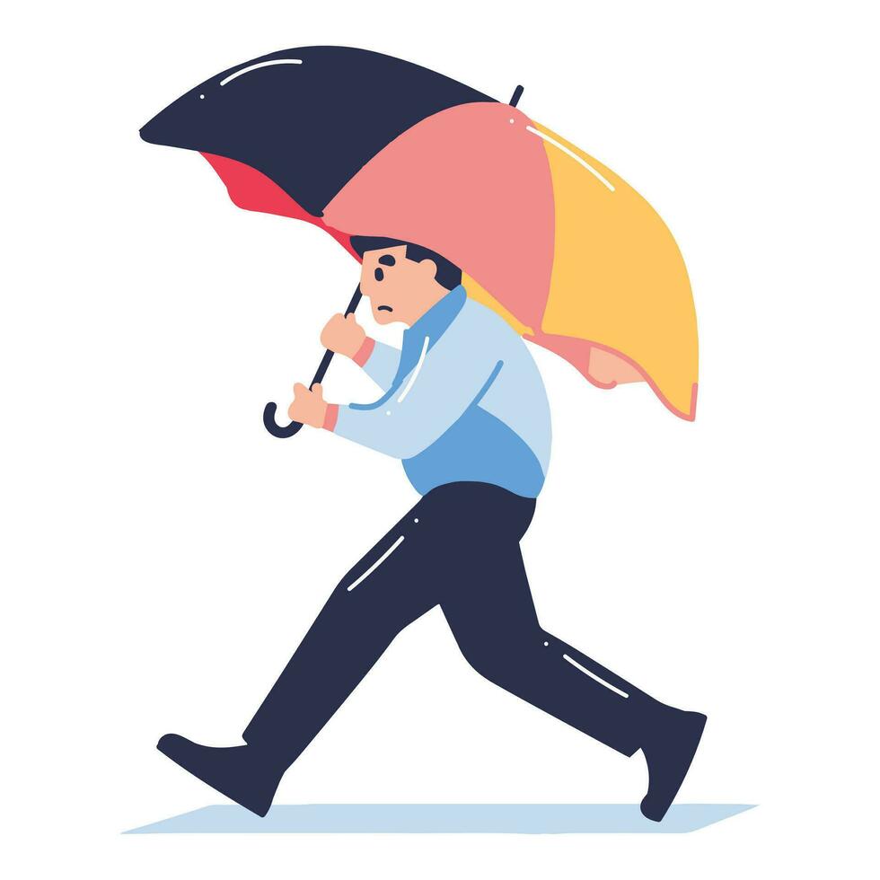 Hand Drawn young man walking with umbrella in flat style vector