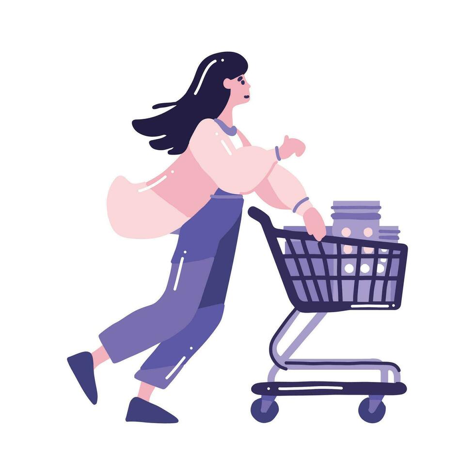 Hand Drawn woman with shopping cart in flat style vector