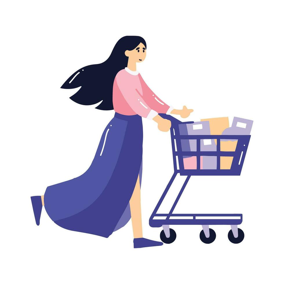 Hand Drawn woman with shopping cart in flat style vector