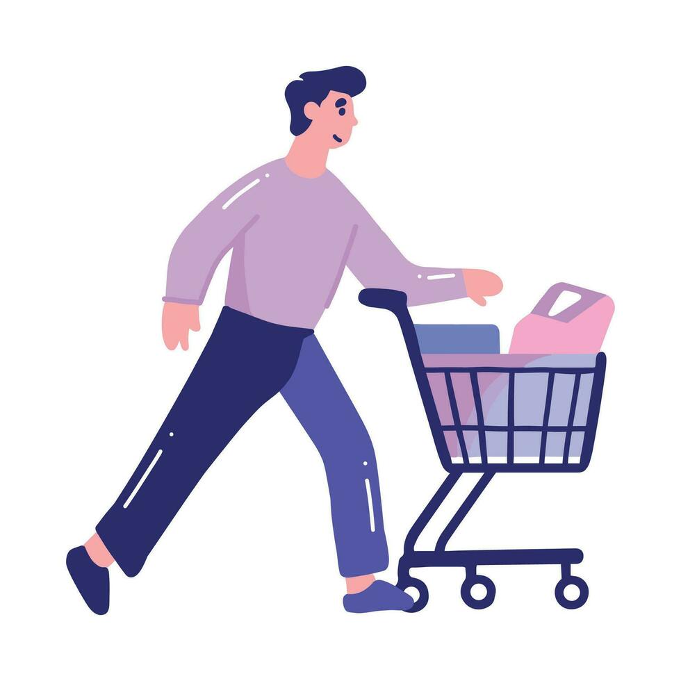 Hand Drawn man with shopping cart in flat style vector