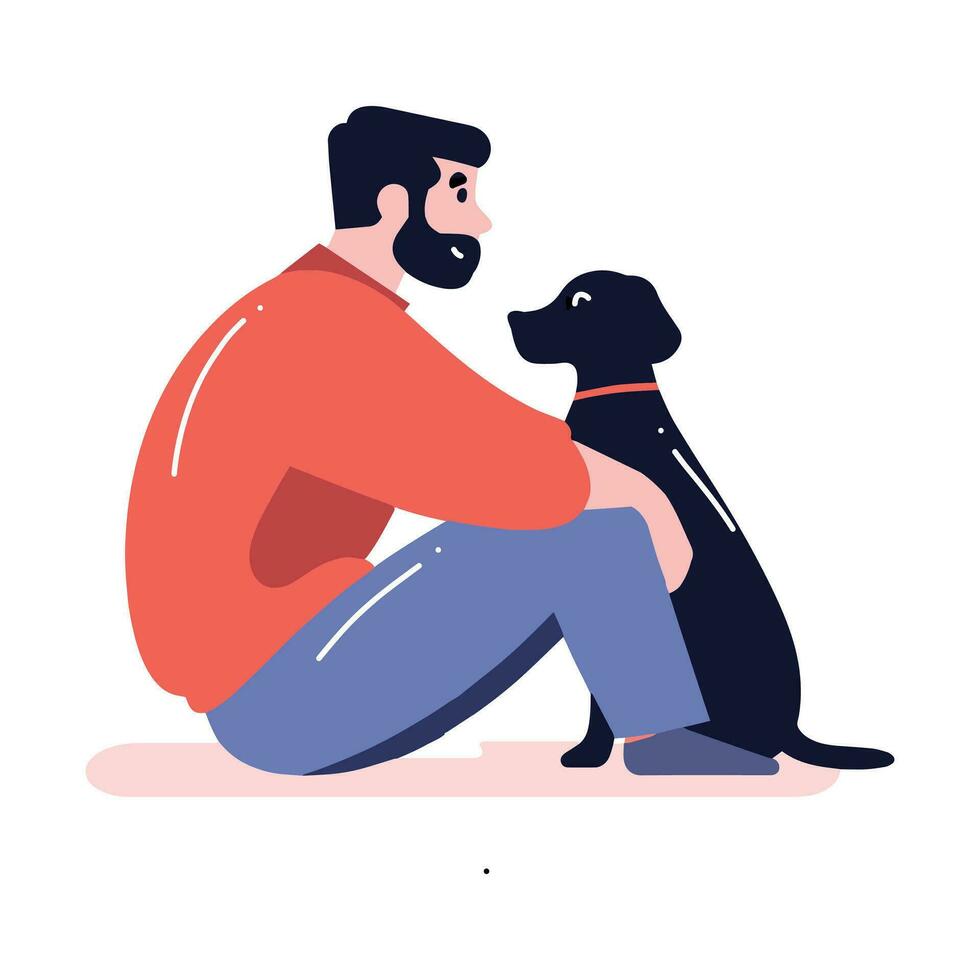 Hand Drawn young man with dog in flat style vector