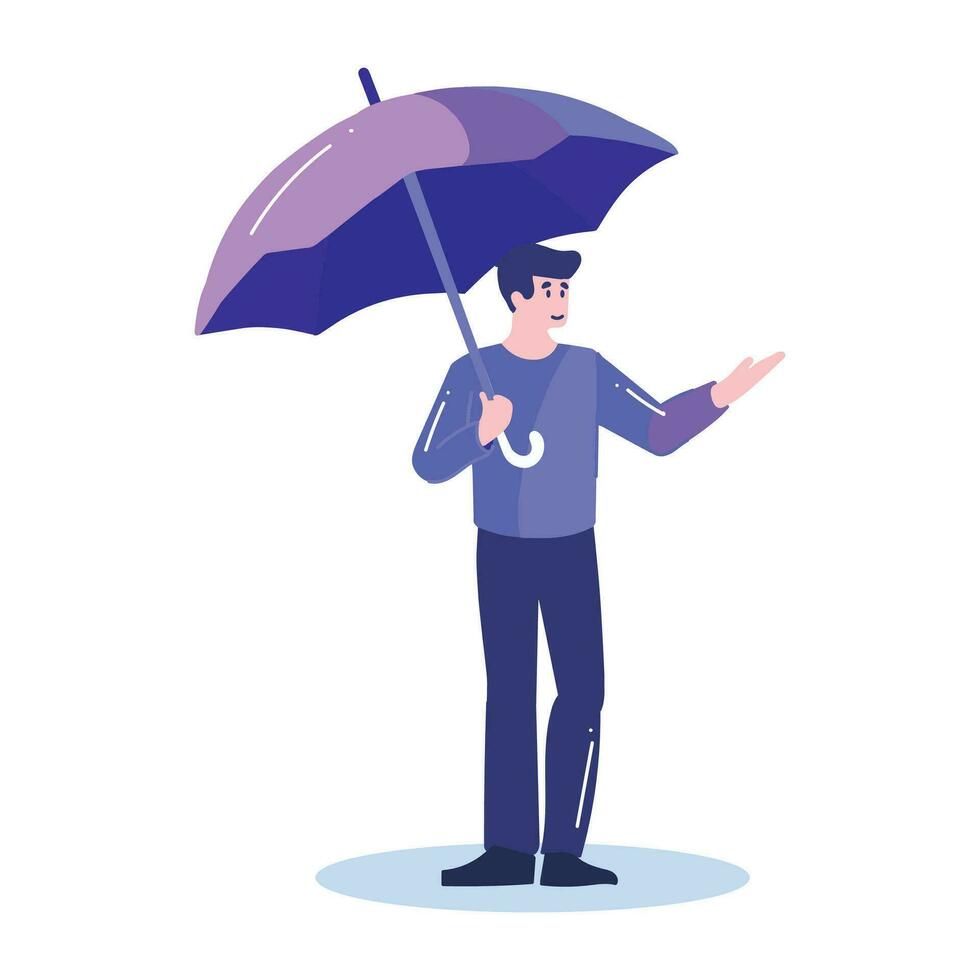 mano dibujado joven hombre caminando con paraguas en plano estilo vector