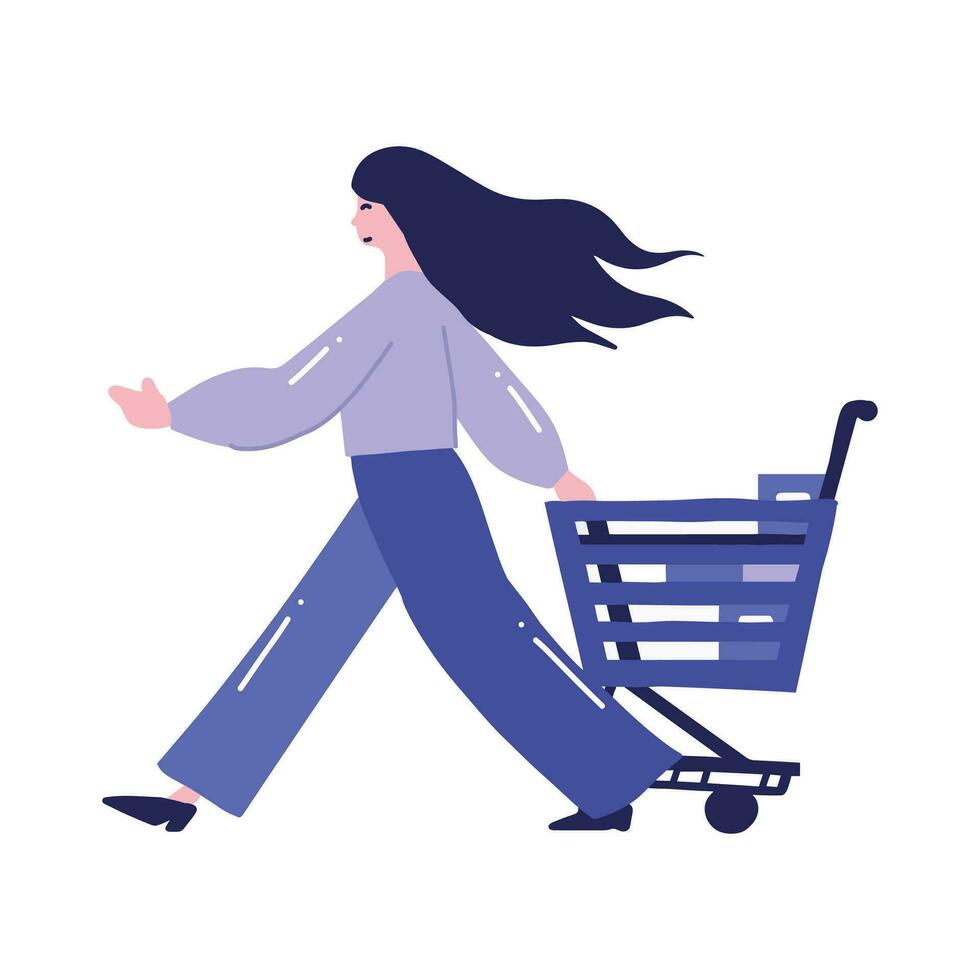 Hand Drawn woman with shopping cart in flat style vector