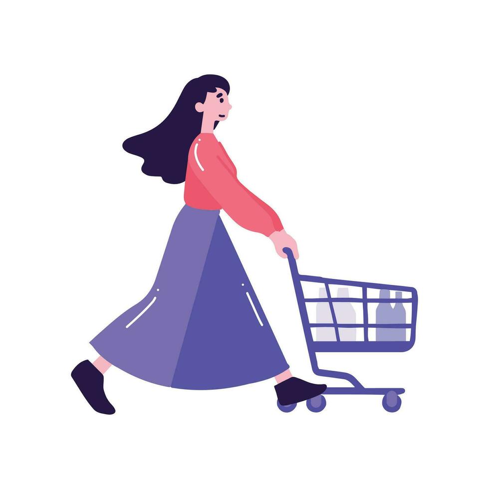 Hand Drawn woman with shopping cart in flat style vector