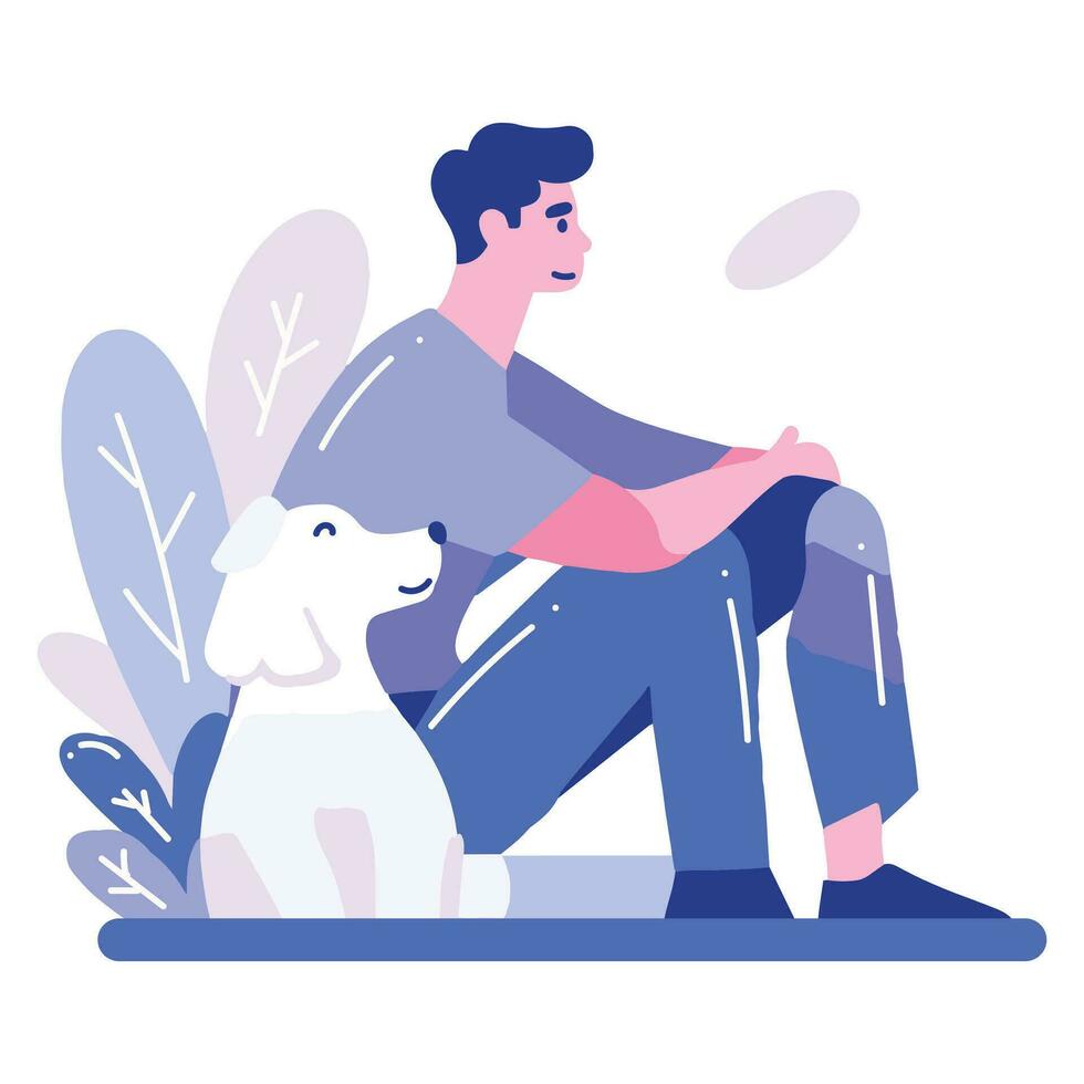 Hand Drawn young man with dog in flat style vector