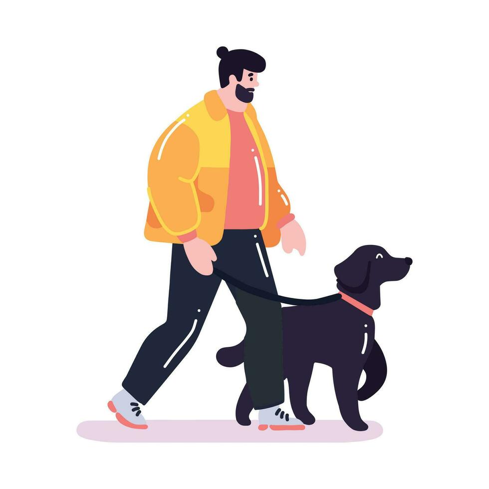 Hand Drawn young man with dog in flat style vector