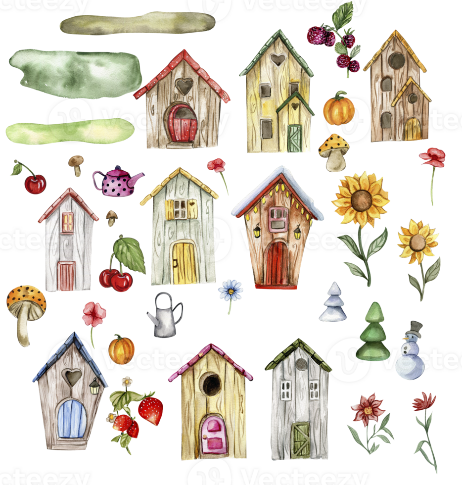 An old wooden house and flowers set . An old rusty enamel element. png