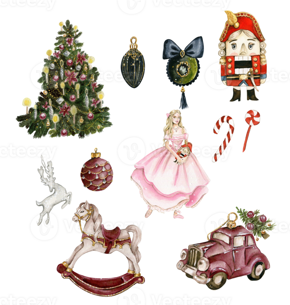 Set of elements for Christmas. Tree toys, girl, nutcracker, new year tree . png